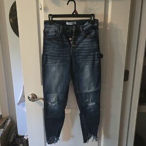 KanCan Blue Ankle Cropped Jeans with Distressed Detailing